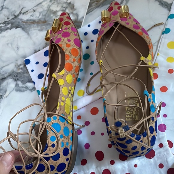 Salvatore Ferragamo Colorful Spotted Cork Lace-up Flats 🔴🟠🟡🟢🔵🟣 - Picture 11 of 17
